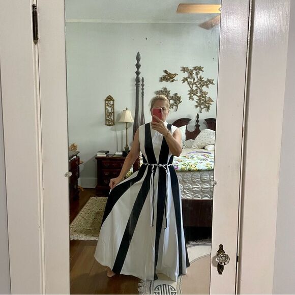 Vtg 70s black & white polyester high neck maxi dress/original woven belt - Picture 2 of 8